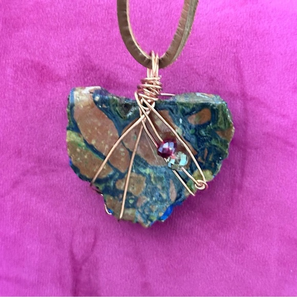 Artisan Wire Wrapped Jasper Bold Stone Pendant Necklace Handmade on Leather Cord - Picture 4 of 10